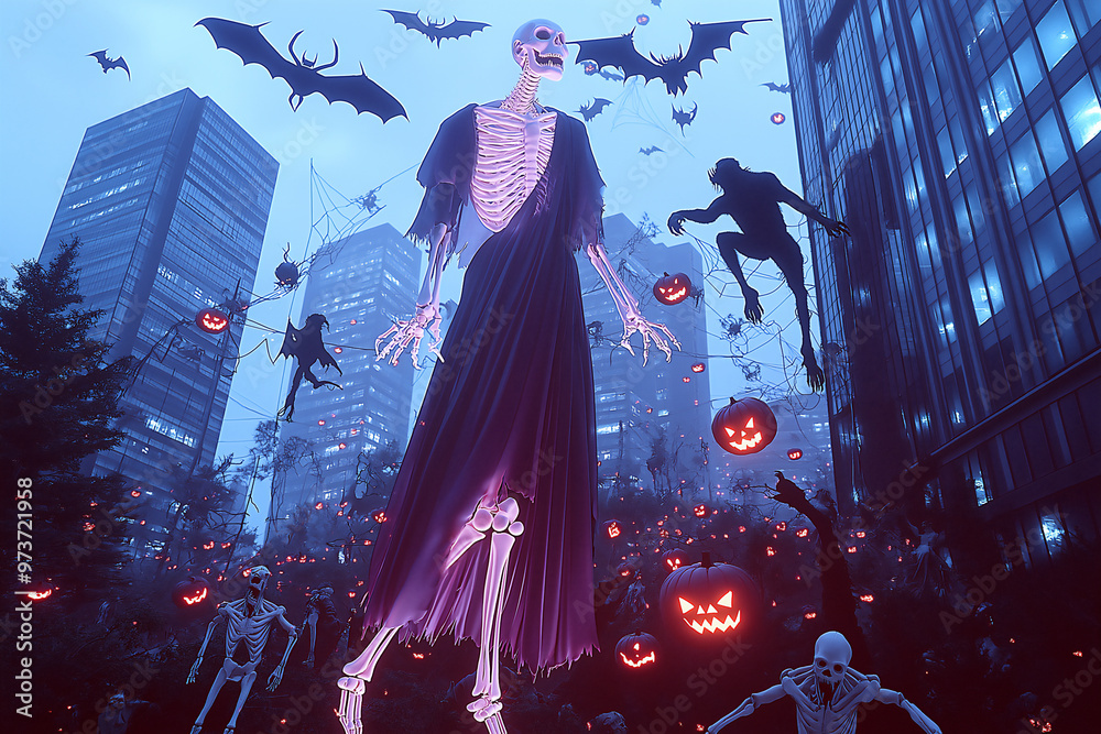 Obraz premium Tall Ghost Figures in Halloween Parade with Pumpkins
