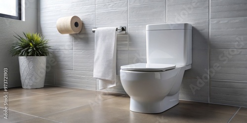 A crisp, freshly unfolded roll of white toilet paper sits atop a modern bathroom's sleek toilet, surrounded by photo