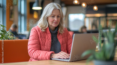 Senior Woman in Coral Pink Jacket Using Laptop in Co-working Space