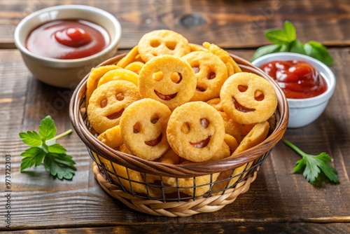 A crispy basket of golden fried potato strips shaped like smiling faces, served with a side of ketchup, photo