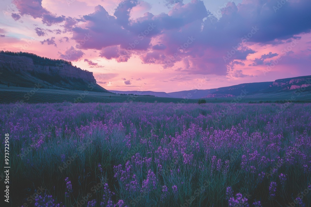Fototapeta premium Purple Wildflowers Blooming Under a Dramatic Sunset Sky