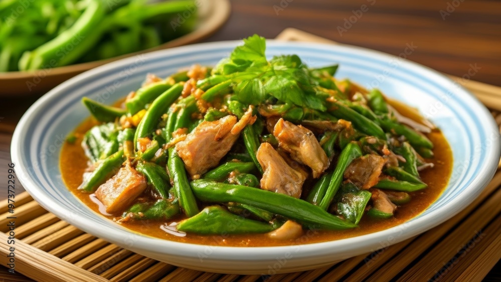 Delicious Asianinspired dish with succulent chicken and vibrant green beans Delicious Asianinspired dish with succulent chicken and vibrant green beans