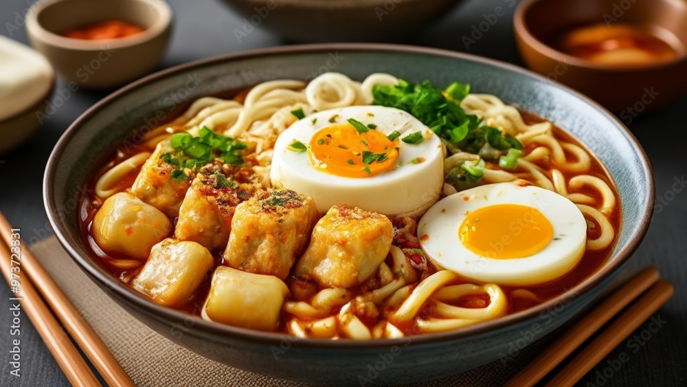 Delicious Asian noodle dish with soft boiled eggs and vegetables Delicious Asian noodle dish with soft boiled eggs and vegetables