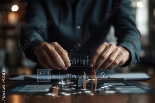 Hands of a logistics specialist adjusting floating graphs displaying supply chain efficiency photorealistic workspace