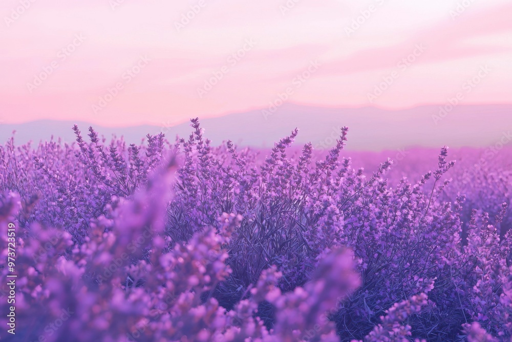 Naklejka premium Lavender Field at Sunset with Soft Focus and Purple Hues