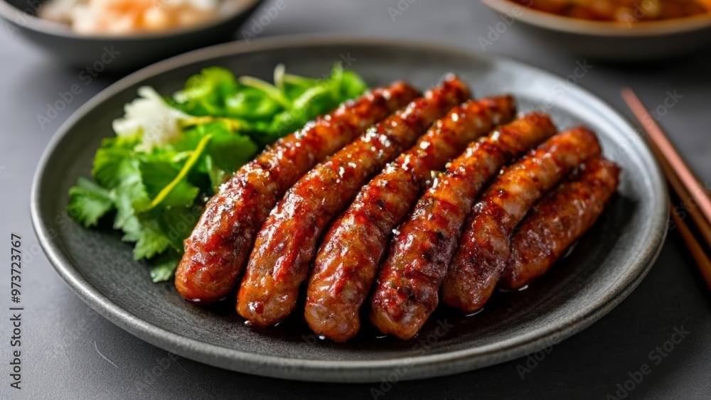 Deliciously grilled sausages ready to be savored Deliciously grilled sausages ready to be savored