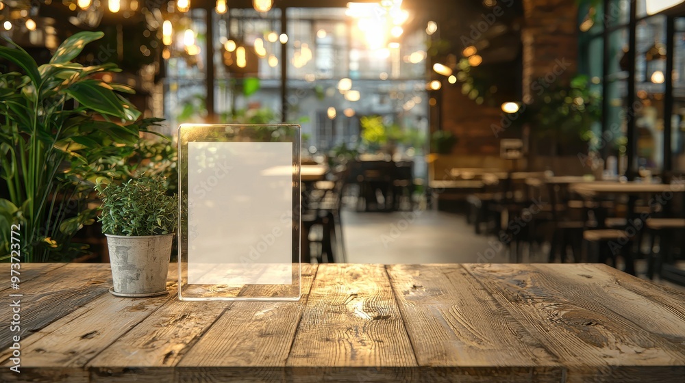 Obraz premium Mockup of a menu frame in a bar restaurant, positioned on a wooden table with white sheets of paper and an acrylic tent card, against a blurred cafeteria background