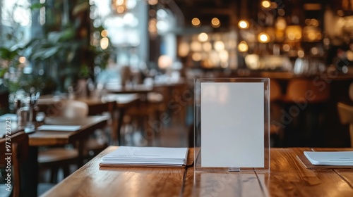 Wallpaper Mural Mockup of a menu frame in a bar restaurant, positioned on a wooden table with white sheets of paper and an acrylic tent card, against a blurred cafeteria background Torontodigital.ca