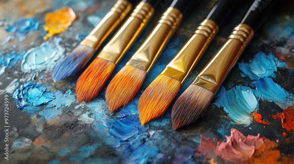 Fototapeta premium A collection of paintbrushes on a colorful palette.
