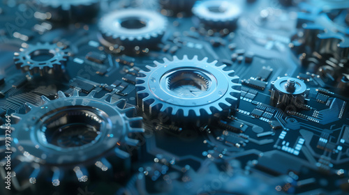 Close-up of mechanical gears on a digital circuit board symbolizing technology and machinery