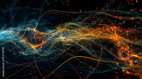 Abstract energy and light trails in a dynamic digital space representing data transmission