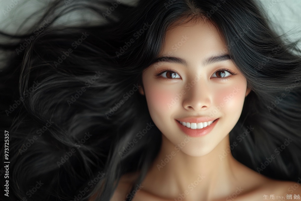Close-up portrait of a young woman with long black hair, smiling softly, looking directly at the camera Close-up portrait of a young woman with long black hair, smiling softly, looking directly at the camera