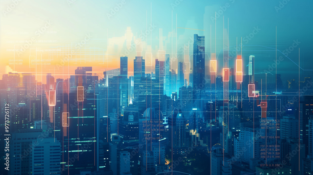 Fototapeta premium Abstract city skyline with financial data charts and graphs overlay