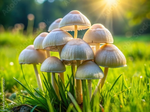 A delicate cluster of wild Agaricus campestris mushrooms grows in a lush green meadow, their creamy white caps photo