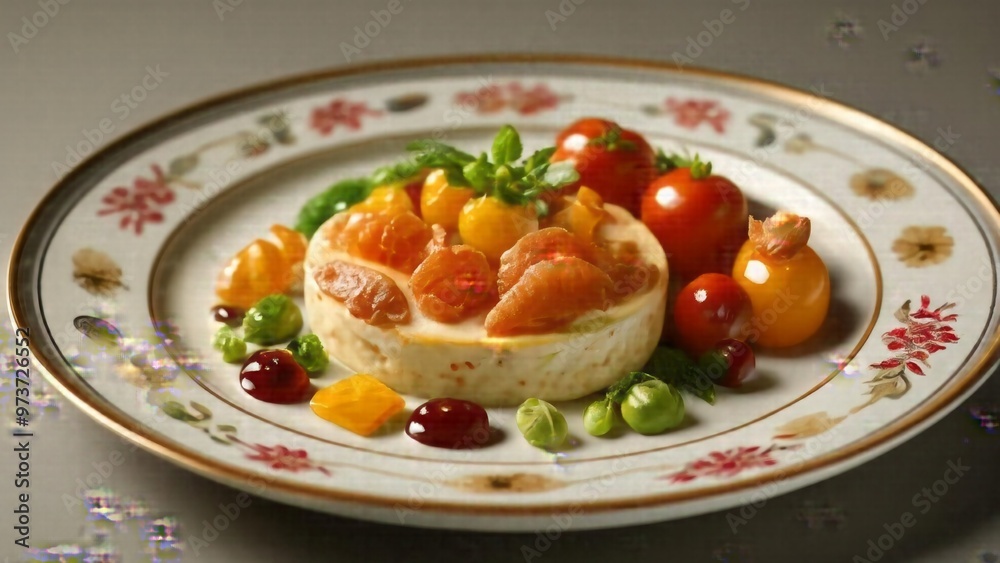 Deliciously arranged fruit and vegetable platter on a decorative plate Deliciously arranged fruit and vegetable platter on a decorative plate