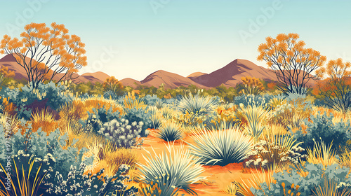 A serene Australian desert landscape with hardy desert plants like spinifex grass and flowering shrubs 