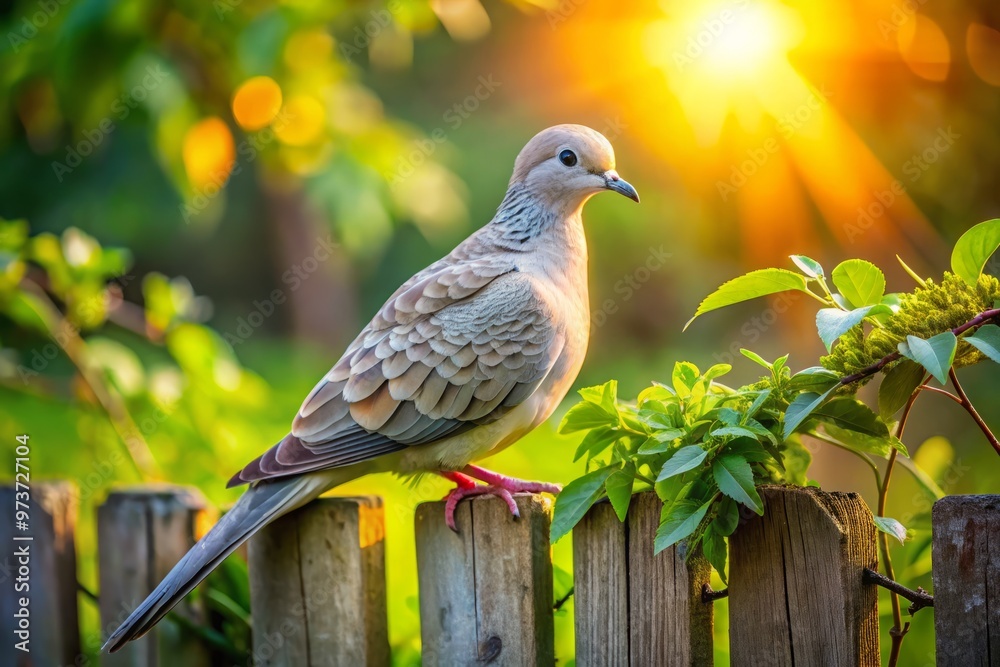 Fototapeta premium A delicate, grey-brown diamond dove perches on a rustic wooden fence, its subtle plumage glistening in the warm
