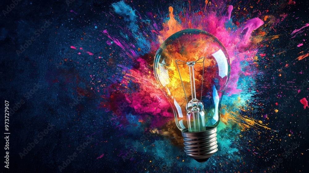Colorful Explosion of Creativity and Innovation Around a Glowing Light Bulb Colorful Explosion of Creativity and Innovation Around a Glowing Light Bulb