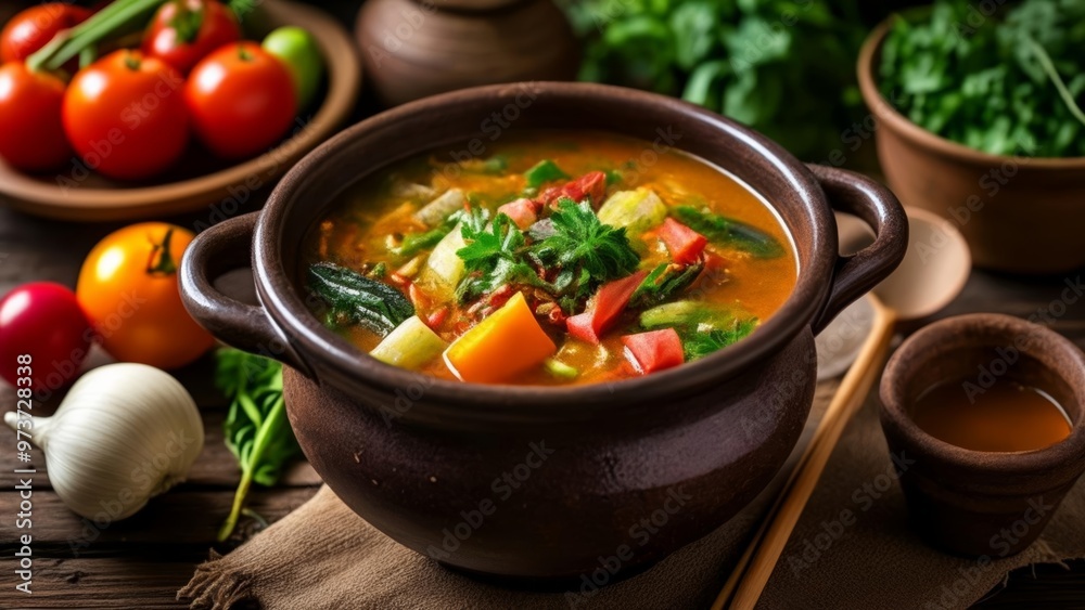 Delicious homemade vegetable soup ready to serve Delicious homemade vegetable soup ready to serve