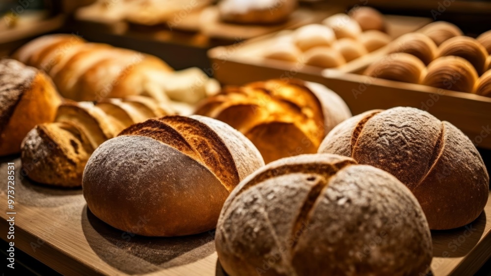 Bakery display with freshly baked bread and pastries Bakery display with freshly baked bread and pastries