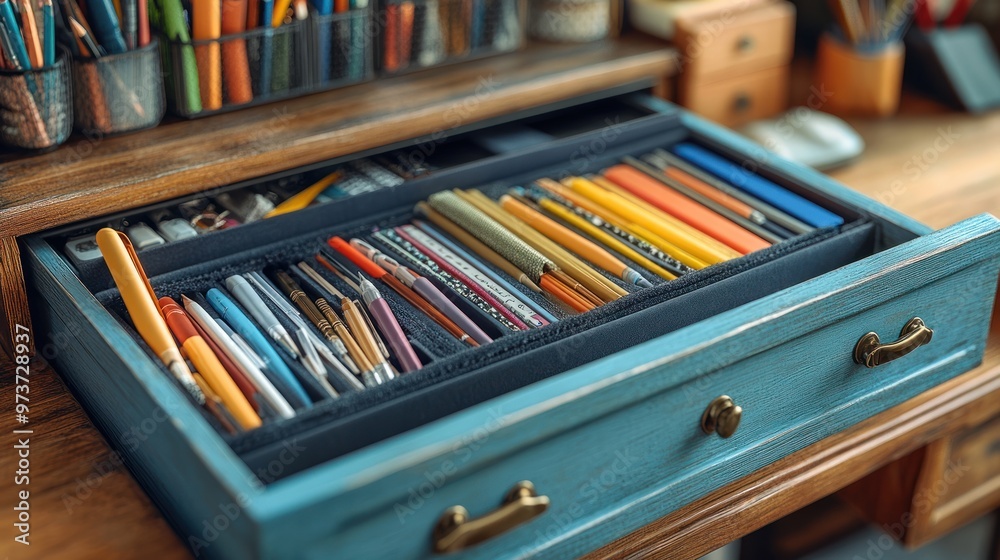 A drawer filled with colorful pens and stationery supplies. A drawer filled with colorful pens and stationery supplies.