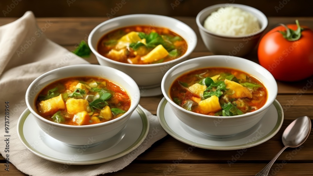 Deliciously hearty soup served in four bowls ready to be savored Deliciously hearty soup served in four bowls ready to be savored