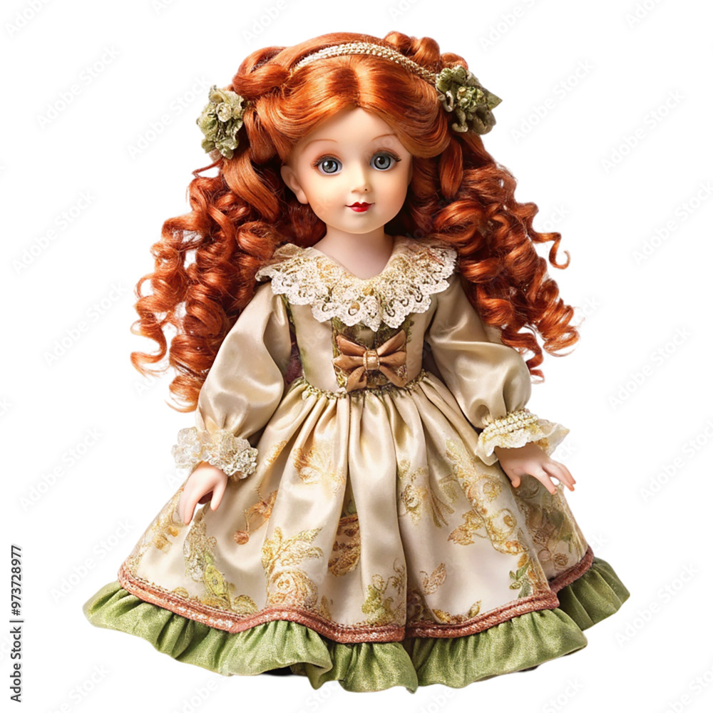 A doll with lush red hair in an antique dress Isolated On Transparent Background A doll with lush red hair in an antique dress Isolated On Transparent Background
