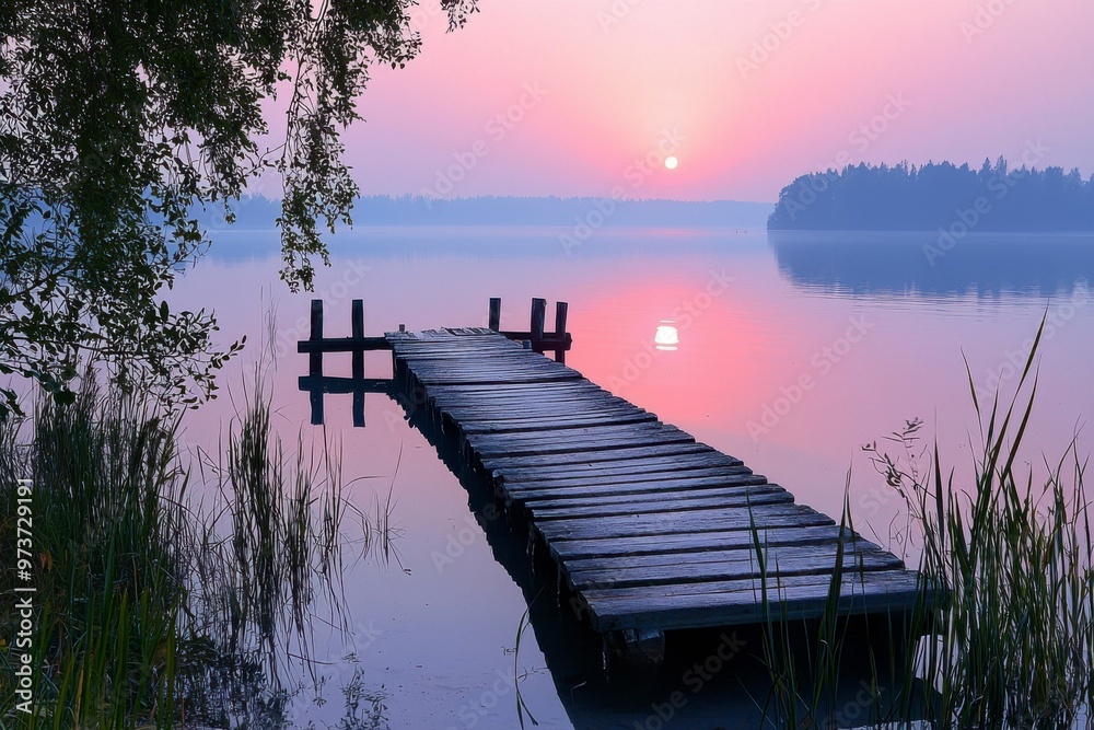 Obraz premium Wooden Dock Extending into Still Lake at Sunset