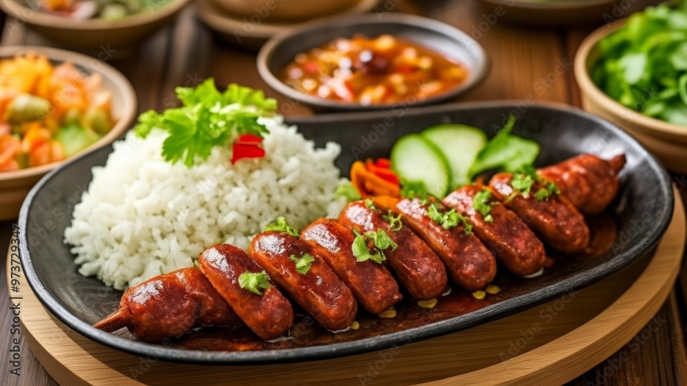 Delicious Asian cuisine with rice and skewers Delicious Asian cuisine with rice and skewers