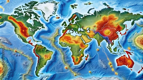 A detailed cartographic illustration of a region's seismic activity, highlighting major earthquake fault lines, photo