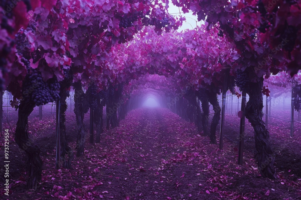 Naklejka premium Purple Vines and Foggy Path in a Vineyard