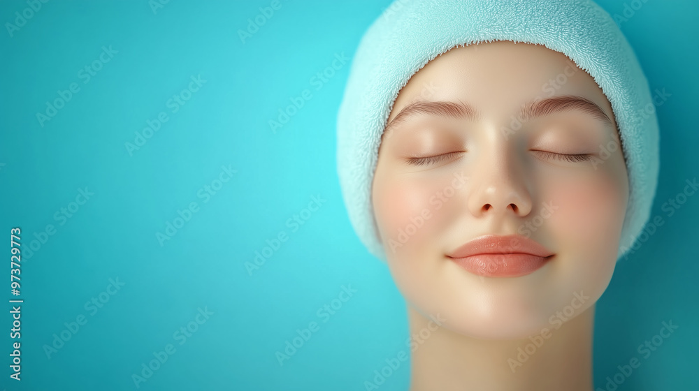 Young woman enjoying a spa treatment with a towel wrapped around her head against a blue background Young woman enjoying a spa treatment with a towel wrapped around her head against a blue background