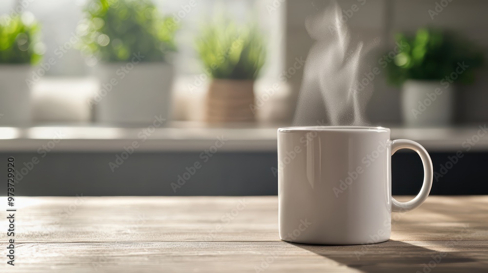 Steaming Hot Coffee Mug on Wooden Table with Blurred Green Plants in Background Steaming Hot Coffee Mug on Wooden Table with Blurred Green Plants in Background