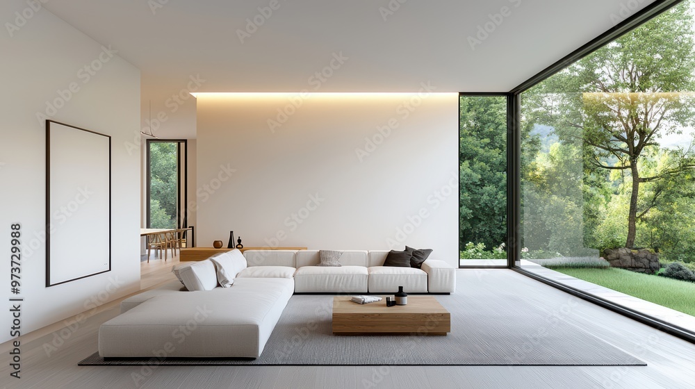 Modern Minimalist Living Room with Large Windows Overlooking a Lush Green Garden