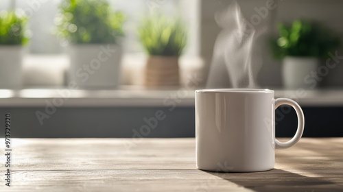 Steaming Hot Coffee Mug on Wooden Table with Blurred Green Plants in Background