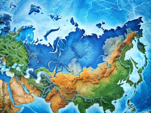 A detailed illustration of Russia's geographical boundaries highlighted on a vibrant blue world map, showcasing its