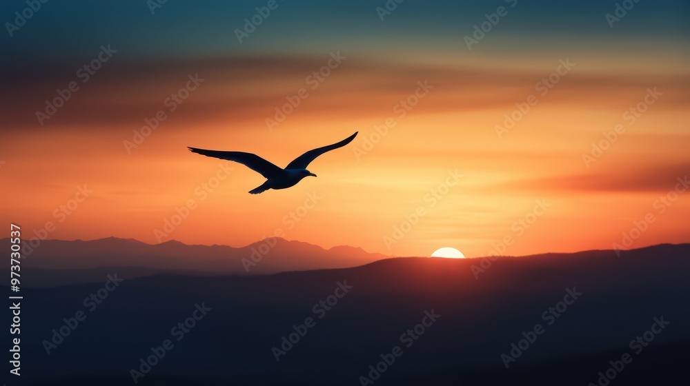 Naklejka premium Majestic Bird Soaring Over Mountain Range at Sunset with Vibrant Sky and Silhouetted Landscape