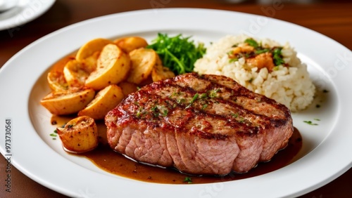  Deliciously grilled steak with potatoes and rice