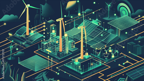 3D illustration of renewable energy landscape with wind turbines and solar panels in a low-poly style photo