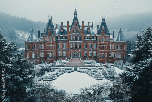 A Majestic Brick Chateau in a Snowy Winter Landscape photo