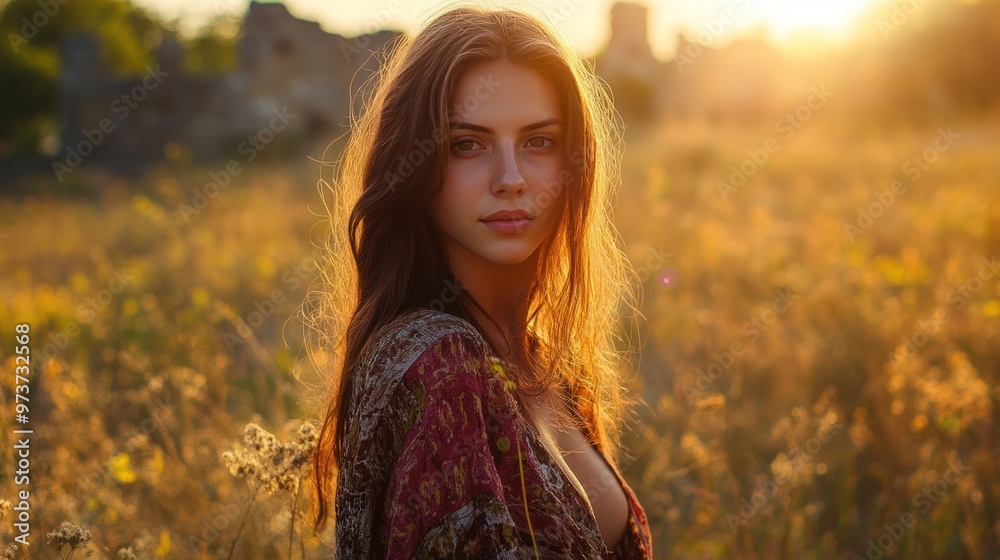 A Croatian woman in rustic attire, posing naturally in a sunlit field with a backdrop of ancient ruins