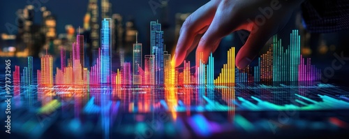 A cityscape formed from financial charts, being realigned by a hand symbolizing portfolio rebalance photo