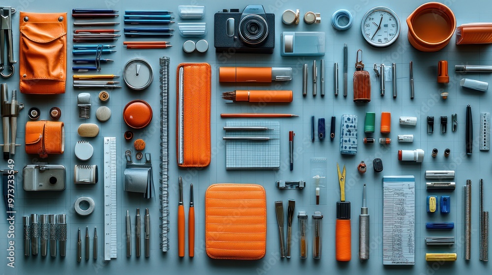 A flat lay of various orange and blue stationery and accessories. A flat lay of various orange and blue stationery and accessories.