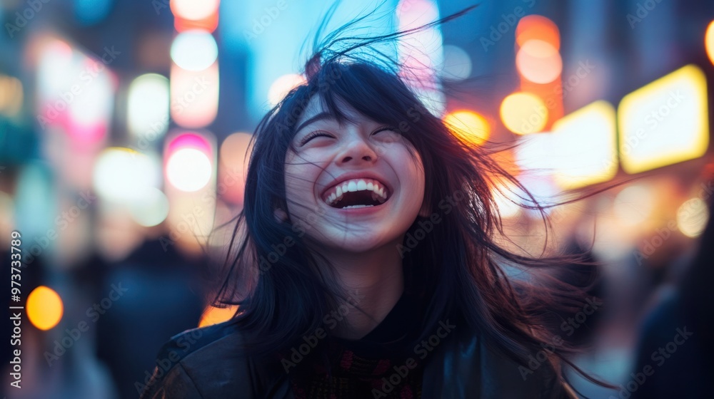 A dynamic portrait of a Japanese girl, captured mid-laugh in a bustling urban street, with lights and movement around her A dynamic portrait of a Japanese girl, captured mid-laugh in a bustling urban street, with lights and movement around her