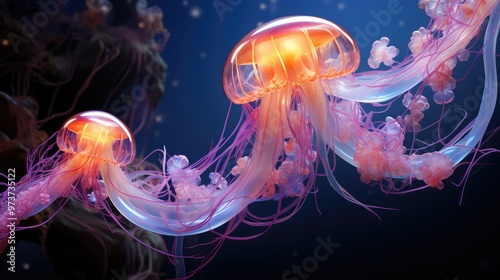 Orange jellyfish glowing in dark water