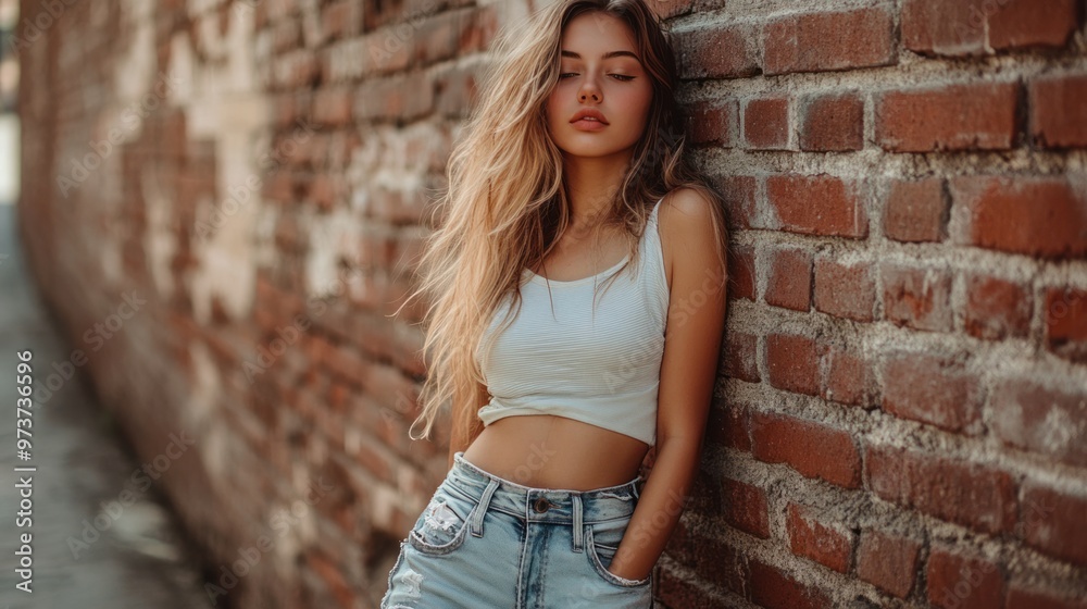 A modern girl in a sexy casual outfit, wearing ripped jeans and a fitted t-shirt, standing confidently against a rustic brick wall A modern girl in a sexy casual outfit, wearing ripped jeans and a fitted t-shirt, standing confidently against a rustic brick wall