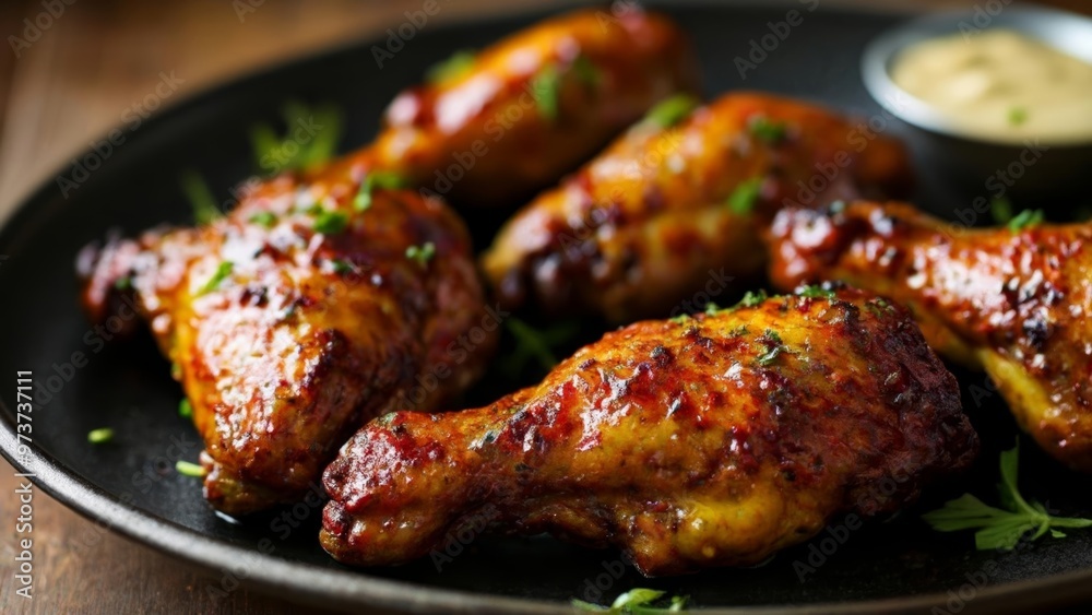 Mouthwatering BBQ chicken wings ready to be savored Mouthwatering BBQ chicken wings ready to be savored