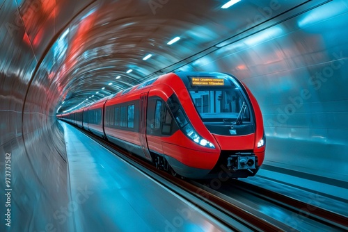 Red Train Approaching in a Modern Subway Tunnel