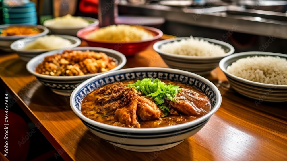 Delicious Asian cuisine served in bowls on a wooden table Delicious Asian cuisine served in bowls on a wooden table