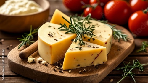  Deliciously prepared cheese board with fresh herbs and tomatoes